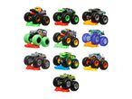 Twelve miniature monster trucks in various colors and styles.
