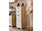 Bathroom furniture set with white and wood-effect cabinets, sink, and decorative pampas grass.