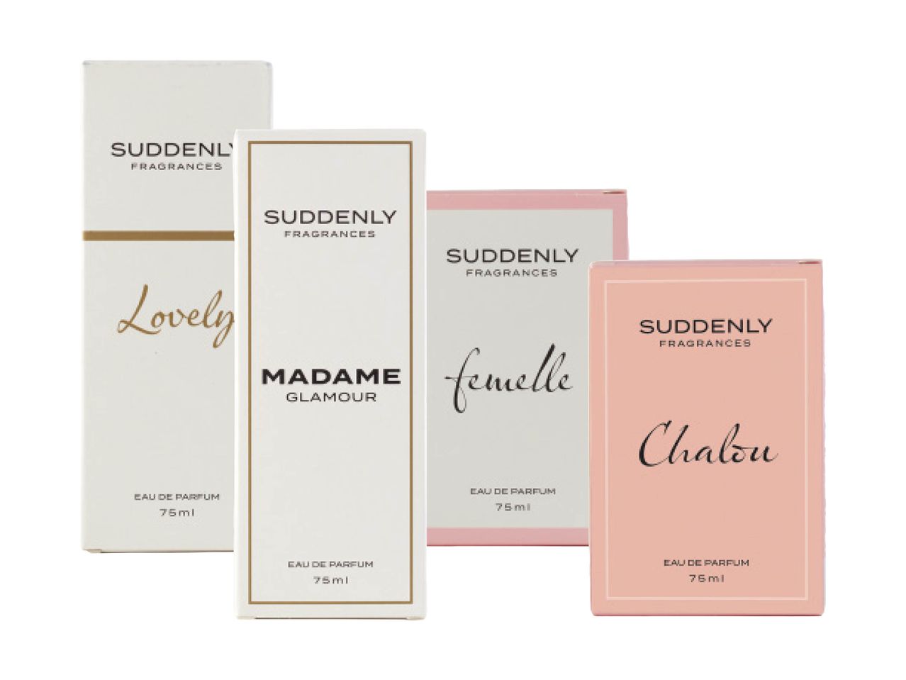 Quattro profumi Suddenly Fragrances: Lovely, Madame Glamour, Femme, e Chalou.