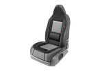 ULTIMATE SPEED® car seat cover with lumbar support, featuring black and grey fabric with white piping.
