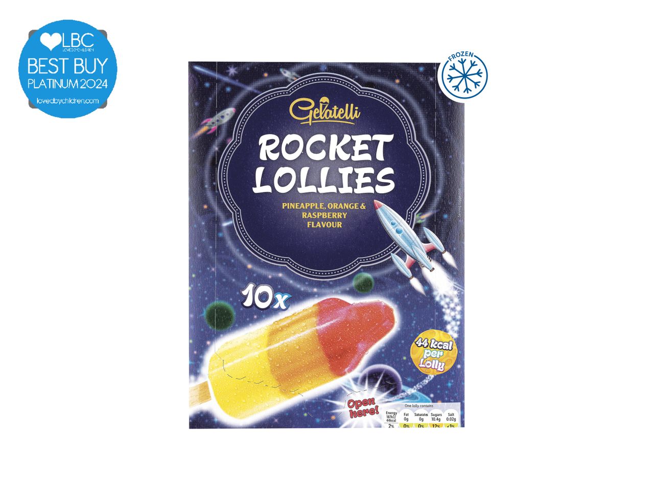 Gelatelli Rocket Lollies: frozen pineapple, orange & raspberry lollies.