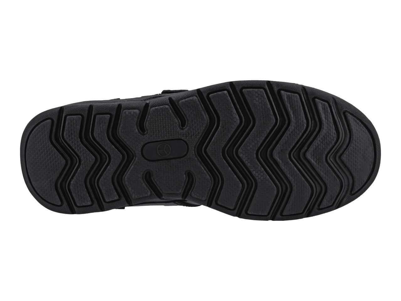 Bottom view of a black shoe sole with a textured pattern and a circular logo.