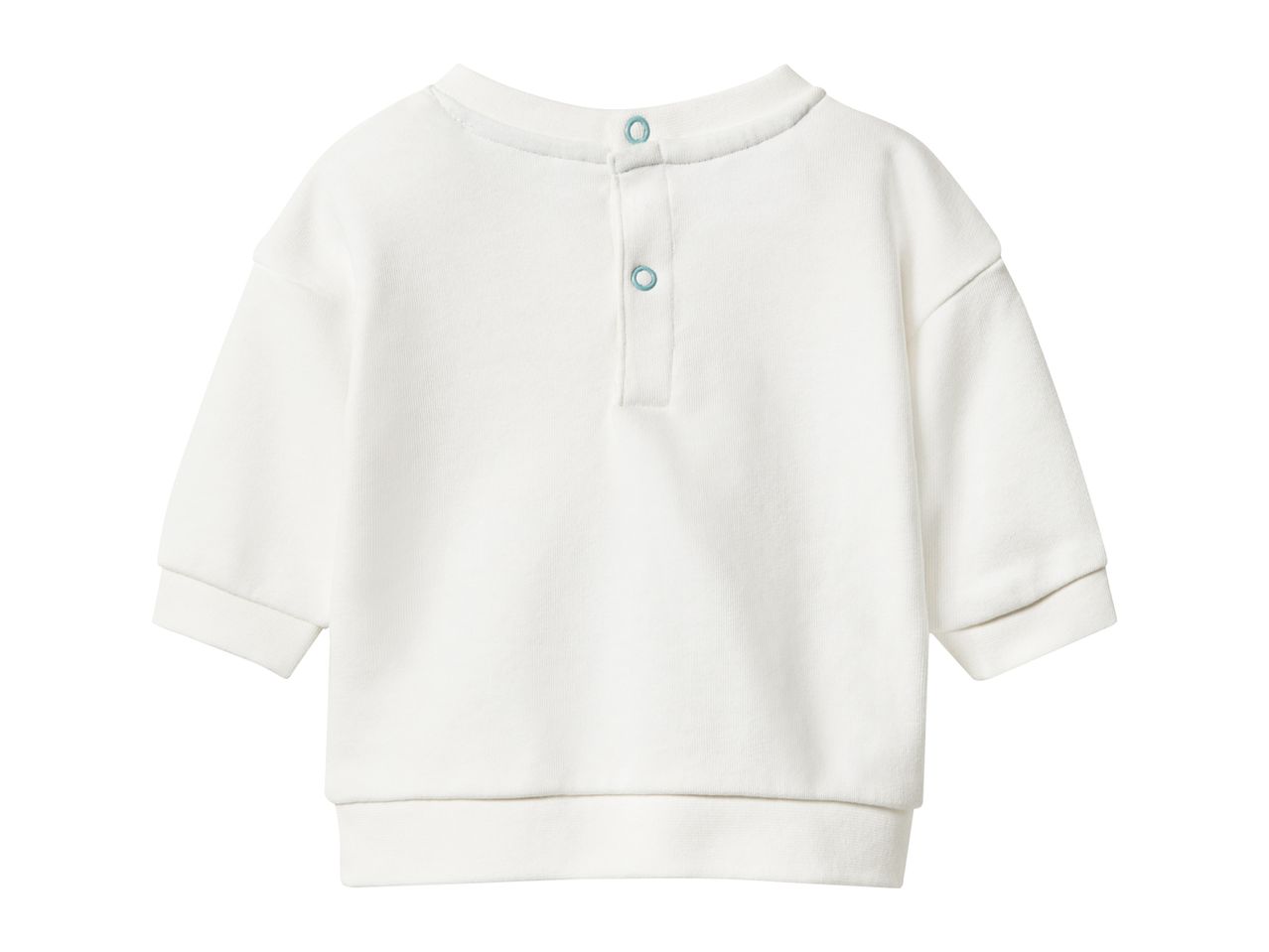 Back of a white baby sweatshirt with light blue snap buttons