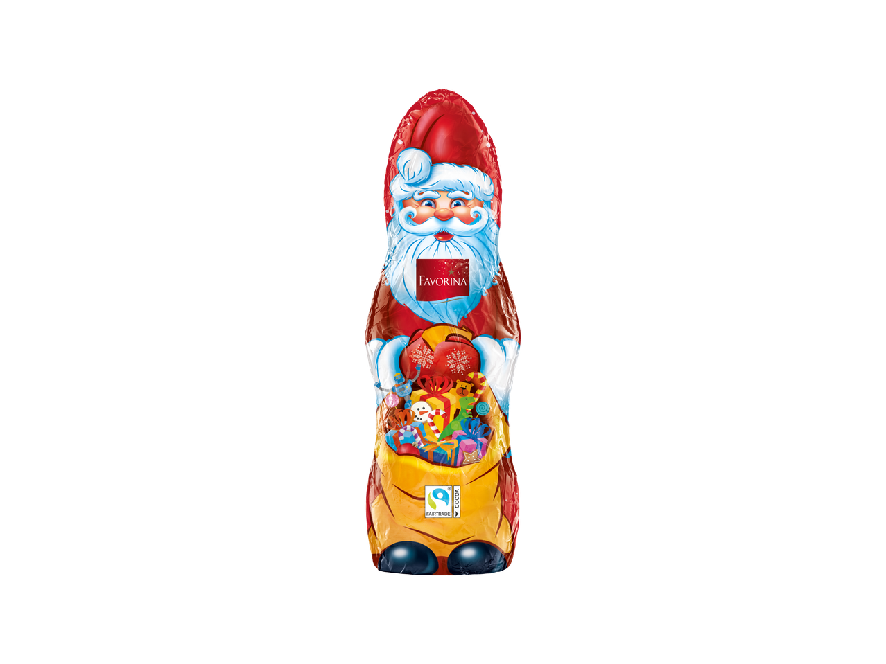 Favorina čokoladni Djed Božićnjak s vrećom punom igračaka i Fairtrade oznakom
