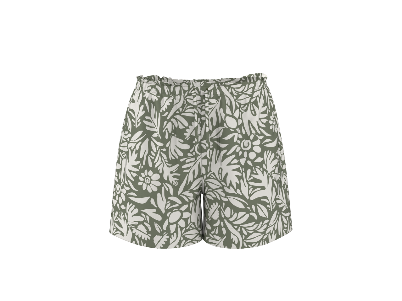 Green and white floral print shorts with a ruffled elastic waistband.