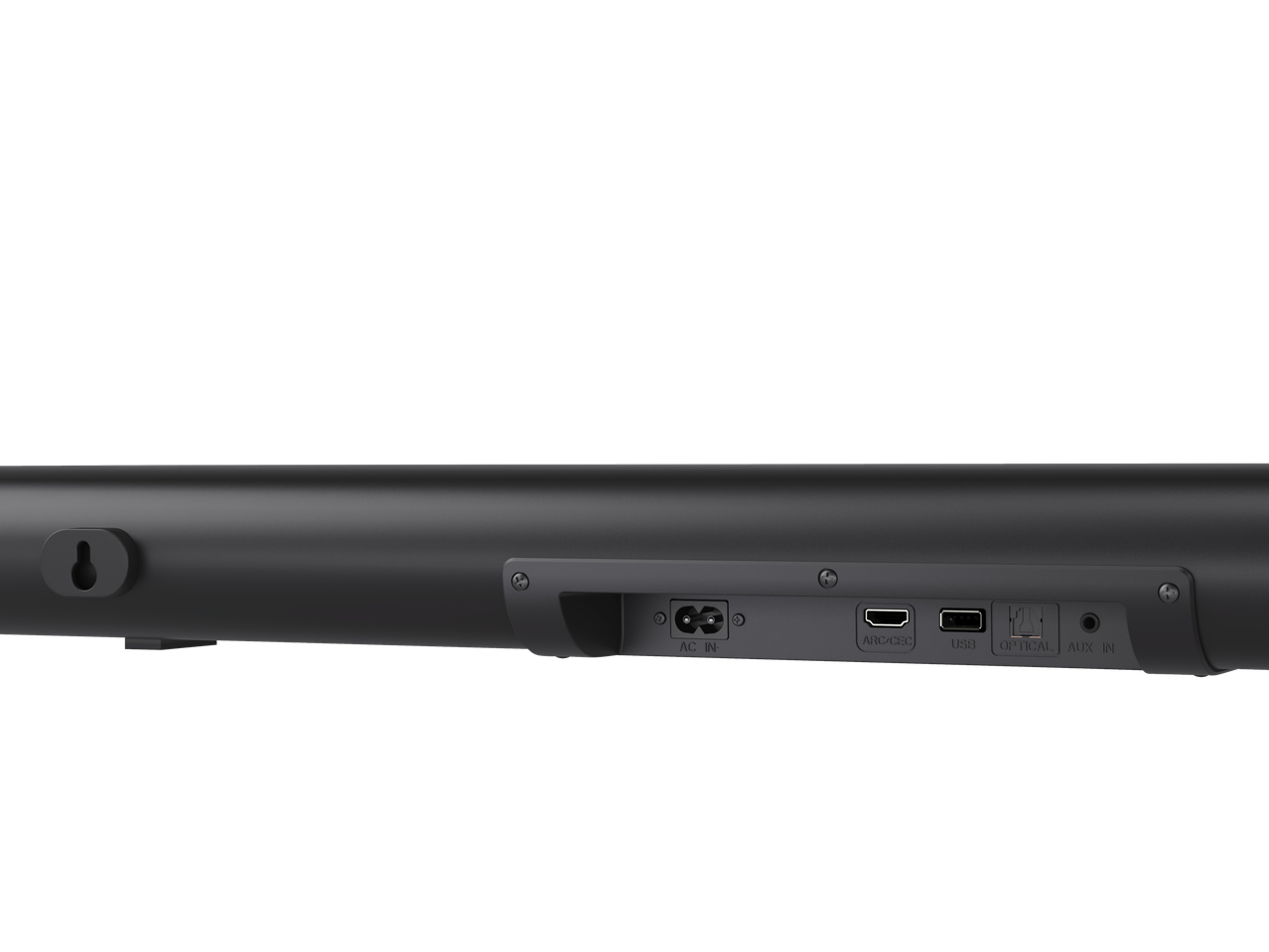 Soundbar Sharp cu subwoofer, vedere din spate cu porturi: AC IN, ARC/CEC, USB, OPTICAL, AUX IN.