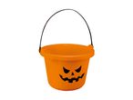 Orange Halloween pumpkin bucket with a carved jack-o'-lantern face