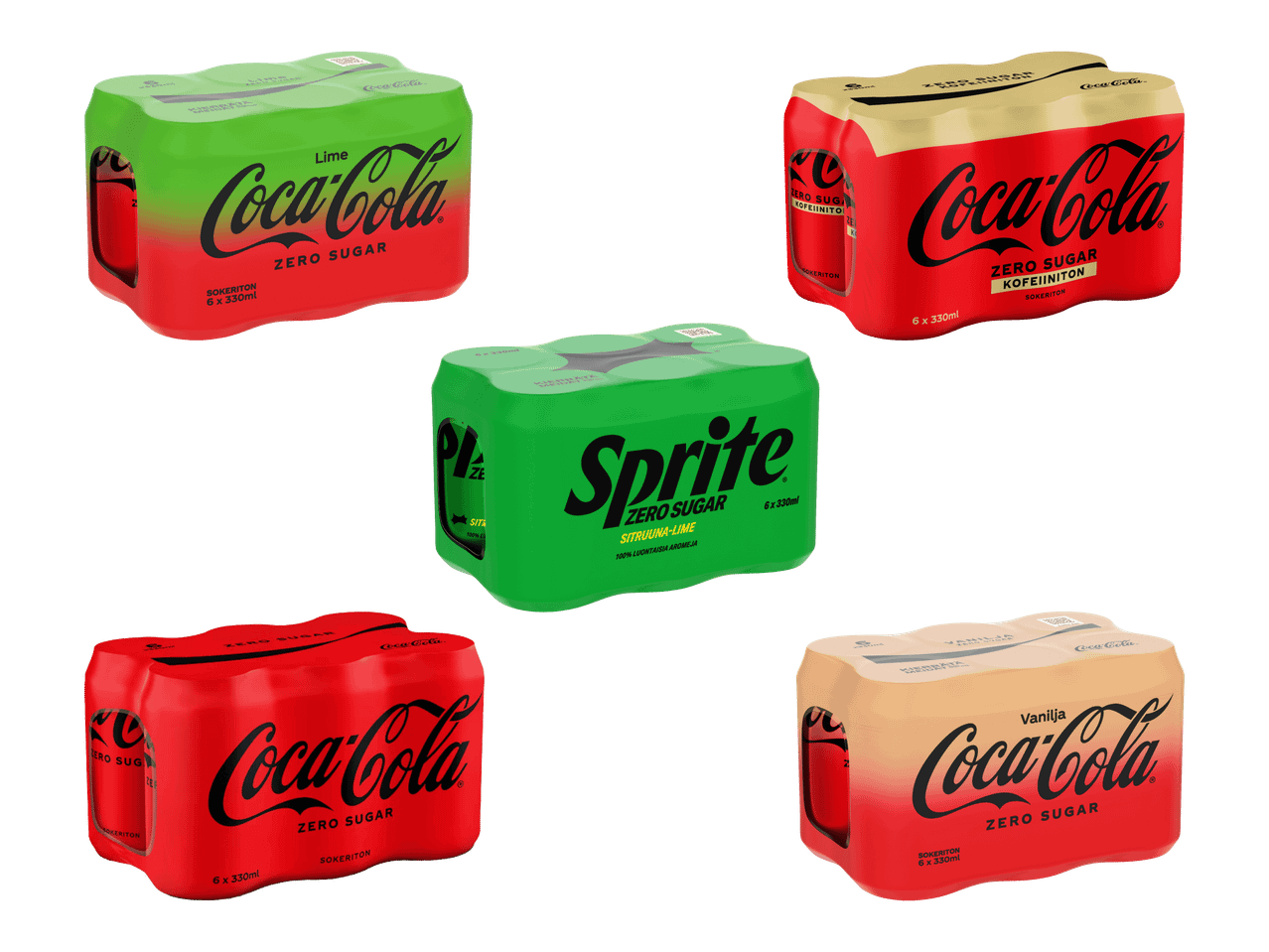 Kuusi kuuden tölkin pakkausta Coca-Colaa ja Spriteä, eri makuja ja sokerittomia versioita.
