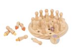 Wooden memory game with a round board, colorful pegs, and a dice.