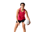 Mlada žena u crvenoj i crnoj sportskoj opremi drži belu odbojkašku loptu.