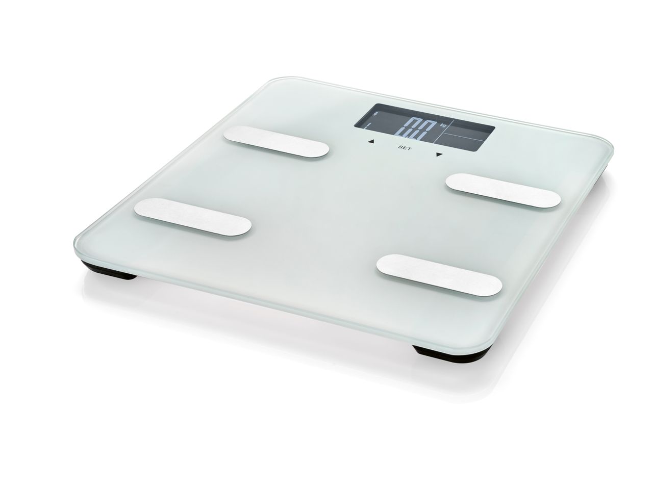 White digital bathroom scale with a glass surface and silver electrodes.