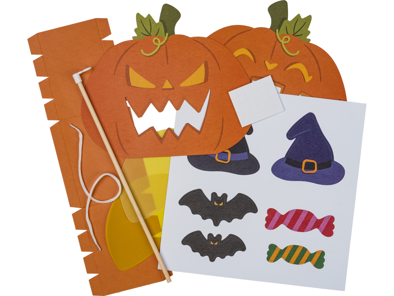 Crelando amatų rinkinys Helovino žibintams su moliūgais, šikšnosparniais ir raganų kepurėmis.