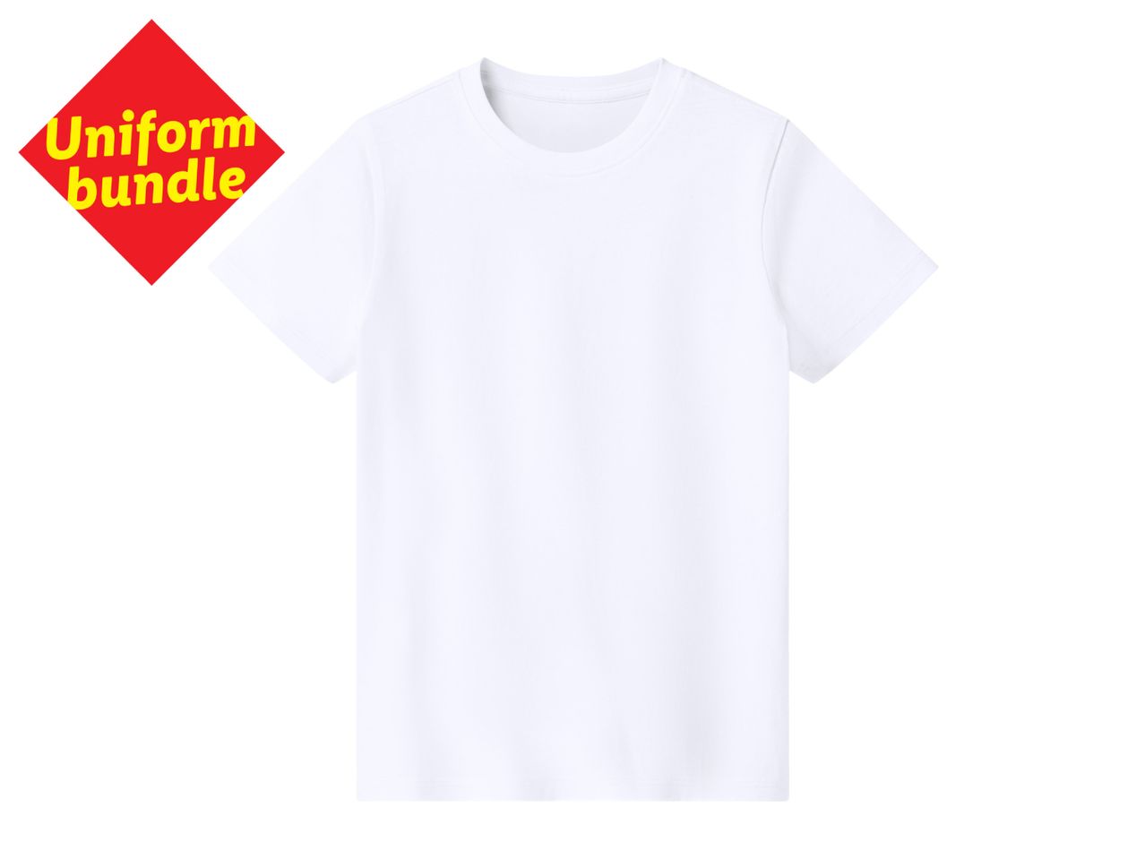 White short-sleeved t-shirt with a red diamond-shaped label reading 'Uniform bundle'.
