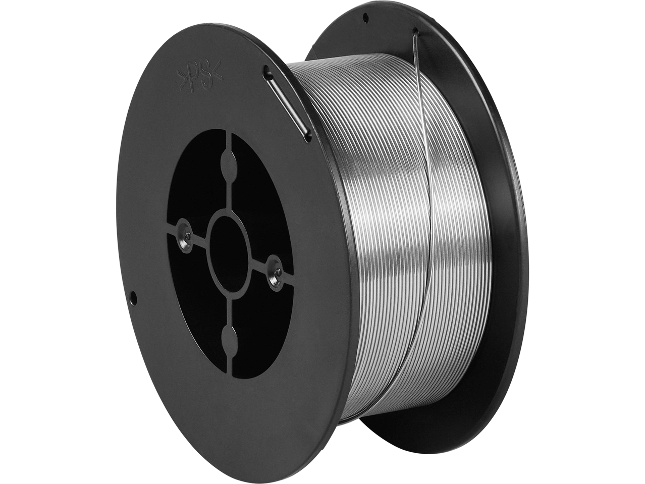 A black spool of welding wire with shiny silver wire wrapped around it.