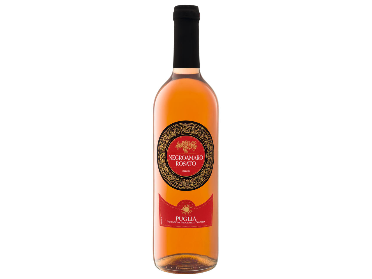 Sticla de vin rosé Negroamaro Rosato 2020 din Puglia.
