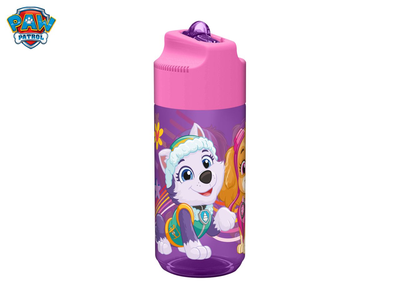 Paw Patrol water bottle featuring Everest and Skye.