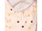 Rochie cu buline roz, cu detalii din material tricotat.
