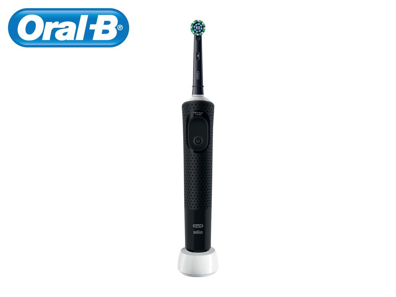 Black electric toothbrush with a blue and green brush head, on a white charging base.