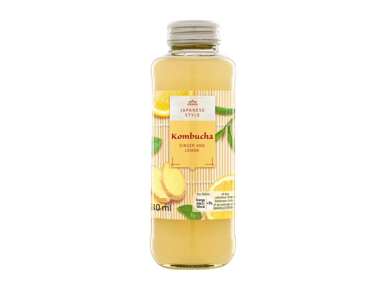 Japanese style kombucha with ginger and lemon in a glass bottle.