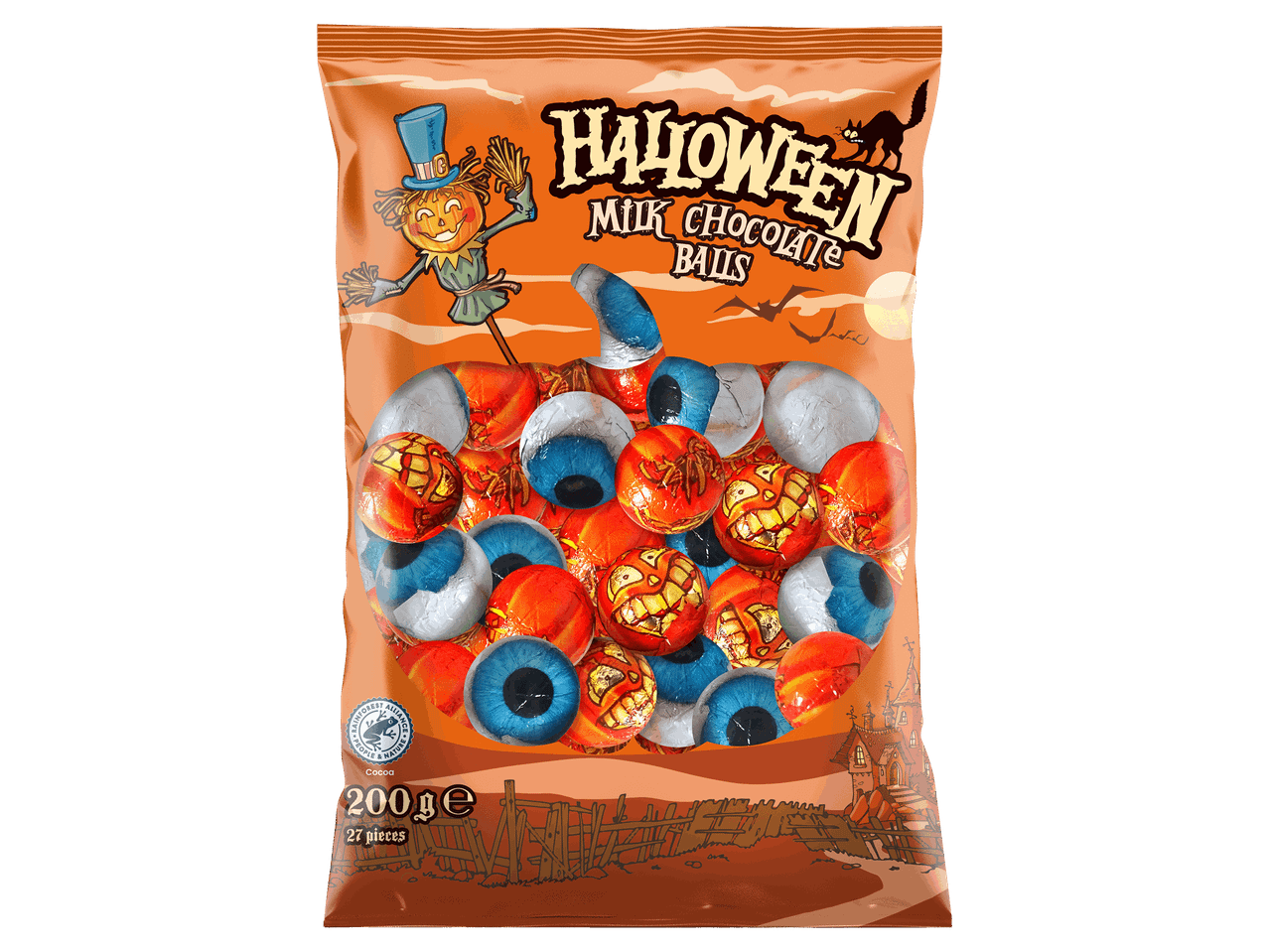 Halloween-i tejcsokoládé golyók 200 g-os kiszerelésben, ijesztő mintás csomagolásban.