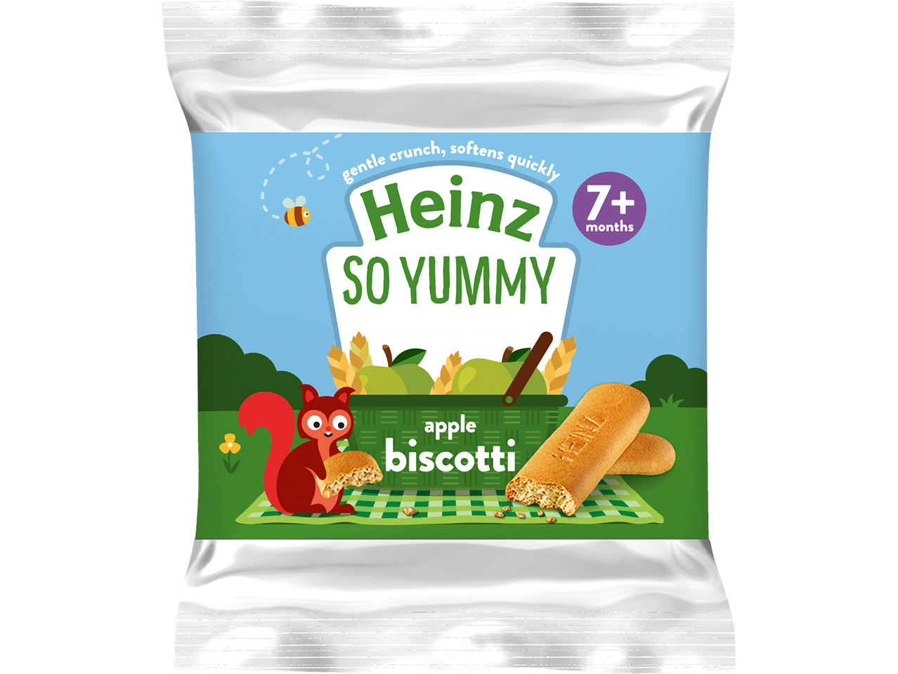 Heinz So Yummy Apple Biscotti packaging with a squirrel and picnic scene.