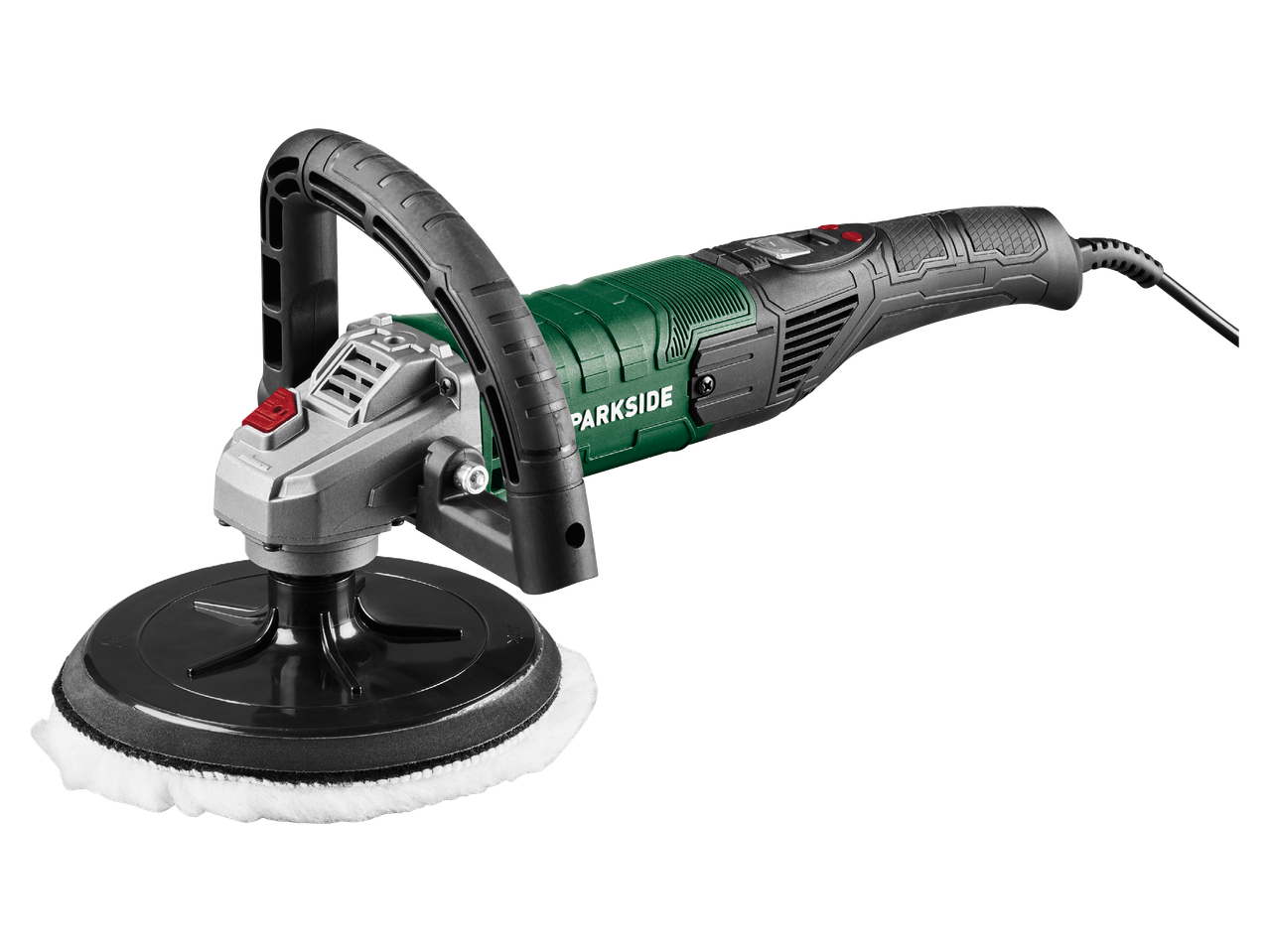 Електрическа полираща машина със зелен и черен корпус, сива глава и бял полиращ пад.