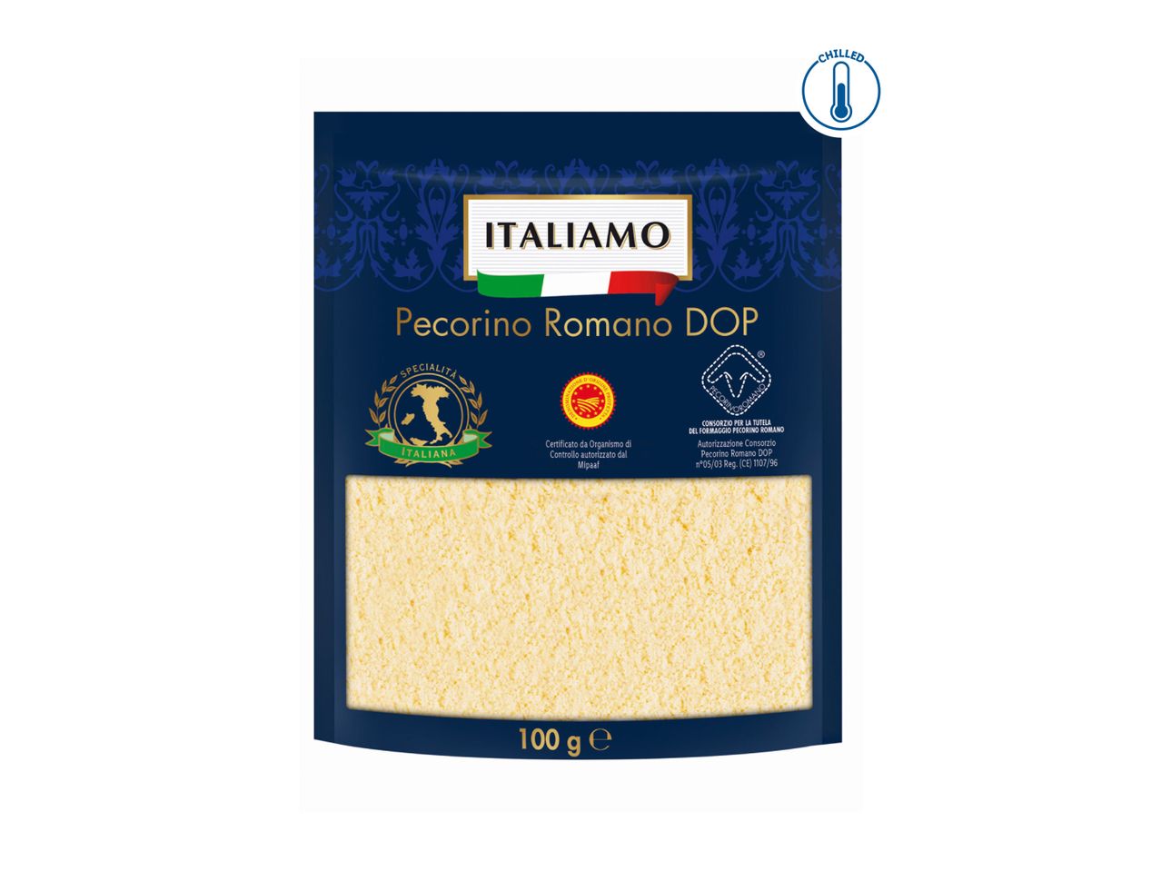 A package of Pecorino Romano DOP cheese from Italiamo, indicating it needs to be chilled.