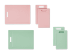 Zwei Sets aus rosa und mintgrünen Kunststoff-Schneidebrettern in verschiedenen Größen.