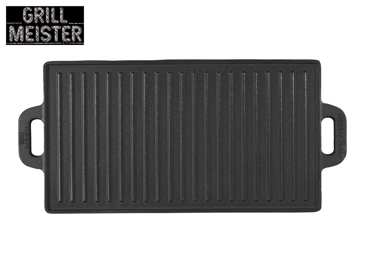 Black cast iron grill plate with handles and a textured surface, featuring the text 'GRILL MEISTER'.