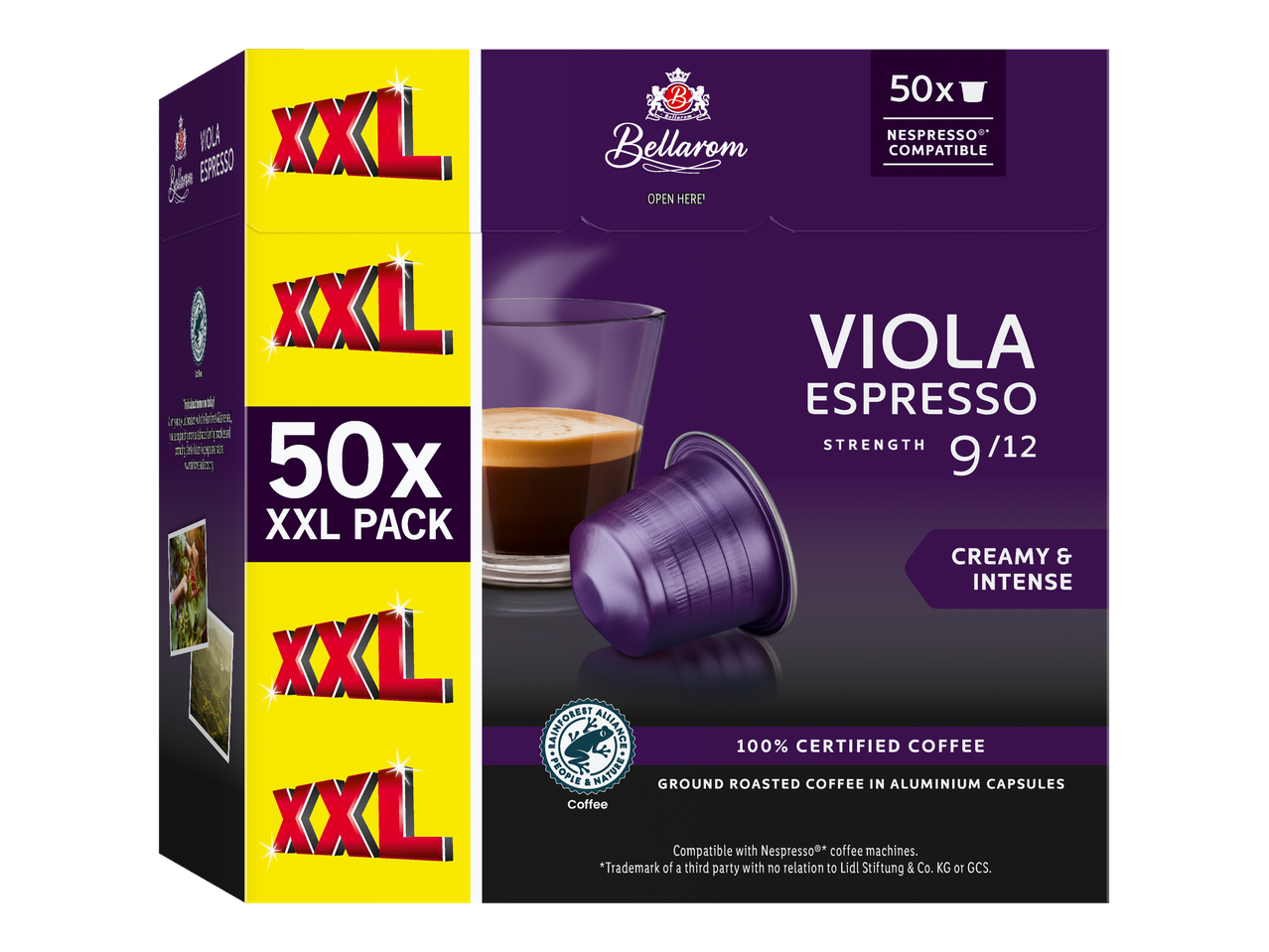 50 cápsulas Bellarom Viola Espresso, compatíveis com máquinas Nespresso.
