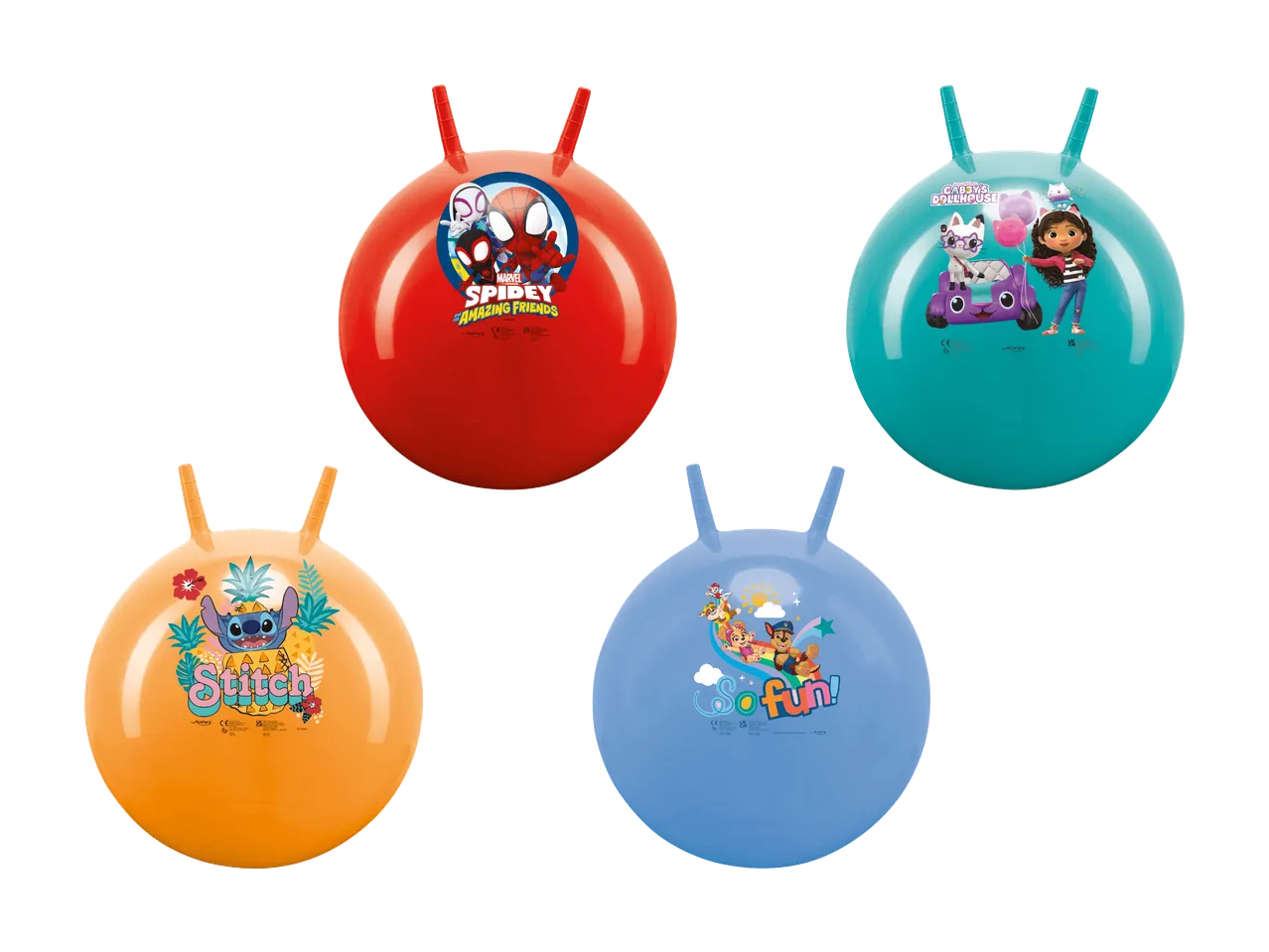 Quatre ballons sauteurs avec poignées, représentant Spidey, Gabby's Dollhouse, Stitch et Paw Patrol.