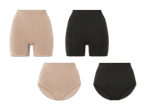 Zwei Paar Damen-Shorts in Beige und Schwarz, verschiedene Schnitte.