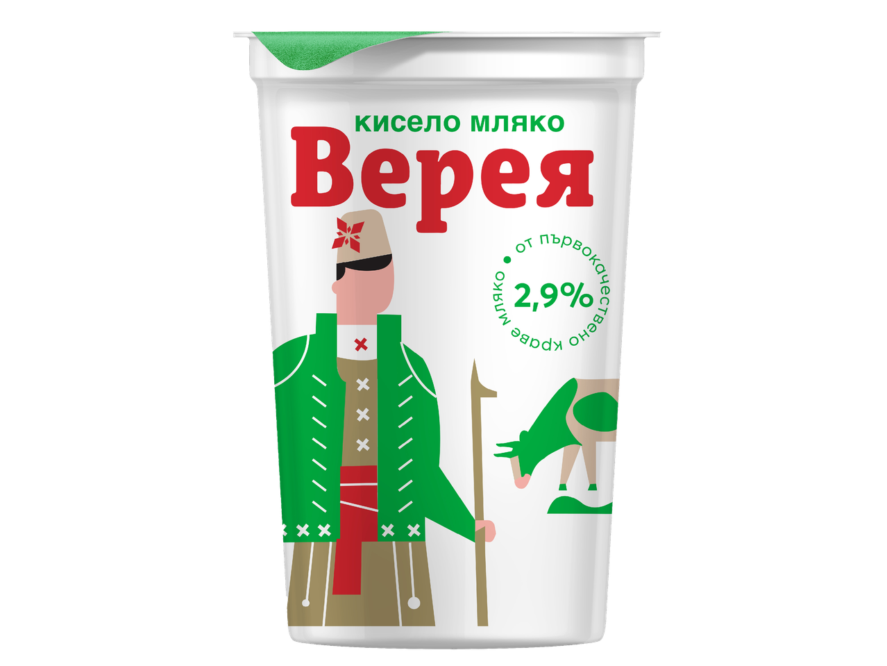 Кофичка кисело мляко с 2,9% масленост, с илюстрация на мъж в народна носия и крава.