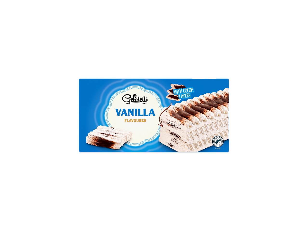 Gelatelli Gelado de Baunilha com camadas de cacau sobre um fundo azul.