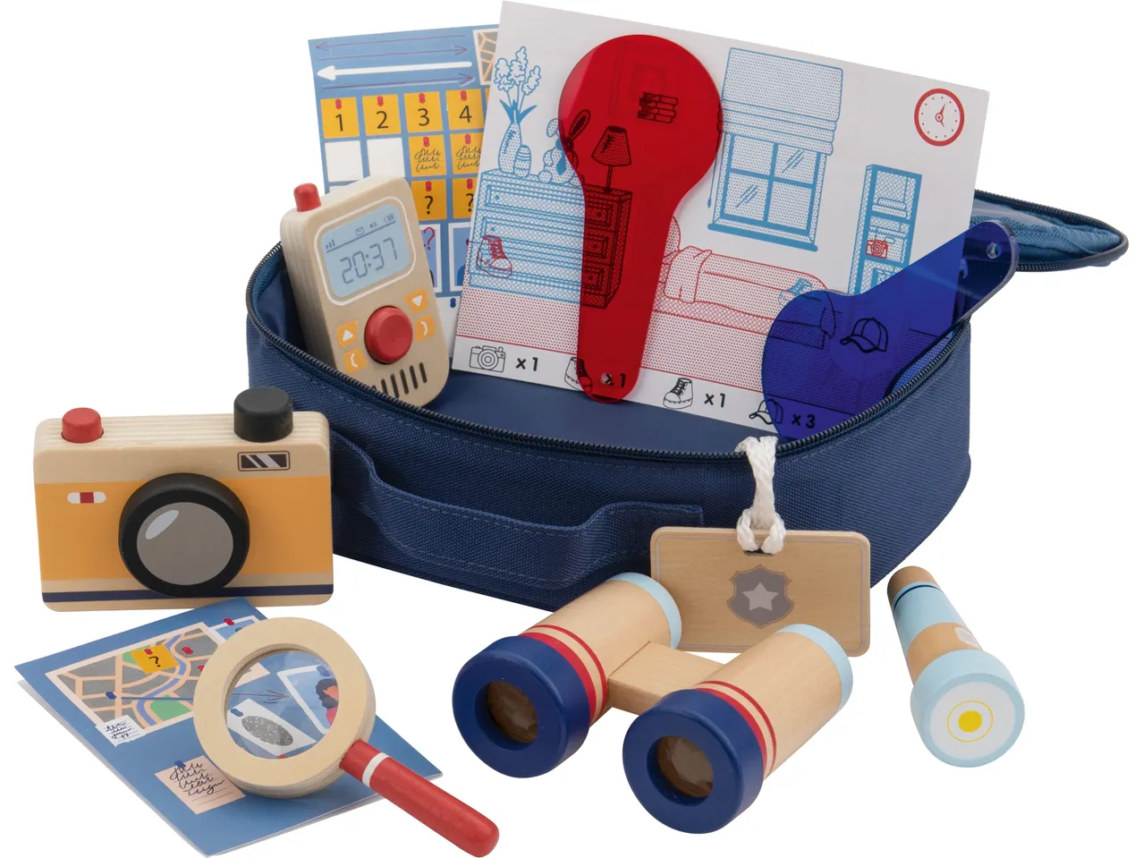 Koka detektīvu rotaļu komplekts ar kameru, binokli, palielināmo stiklu un piederumiem somā.