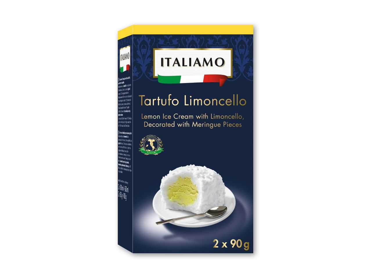 ITALIAMO Tartufo Limoncello: to 90g pakker citron is med limoncello, pyntet med marengs.
