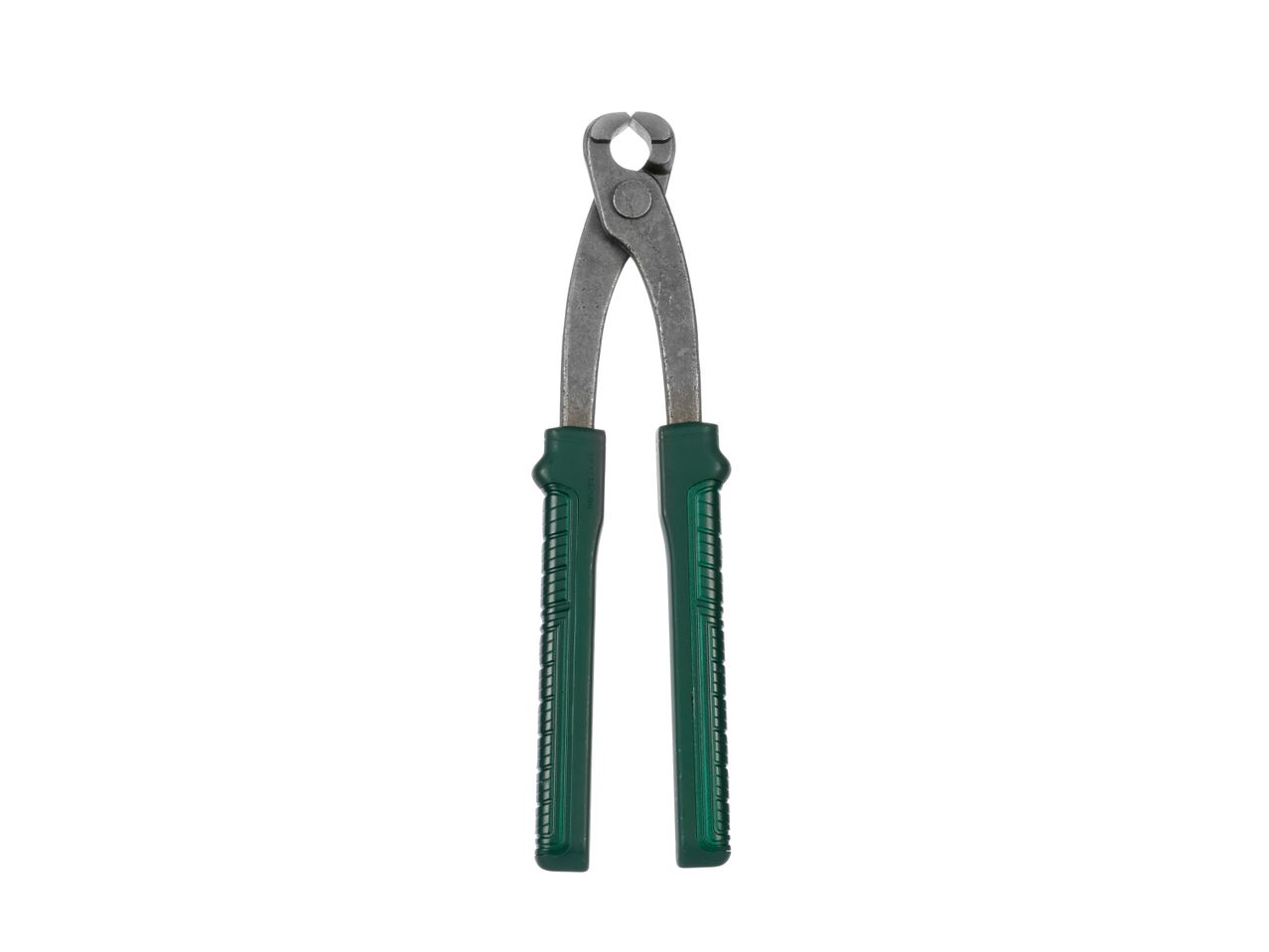 A pair of metal pincers with green handles.
