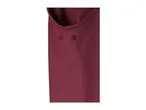 Close-up of a burgundy waterproof garment with two snap buttons and a fleece lining.
