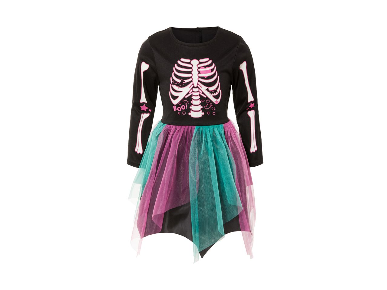Black skeleton costume dress with pink and teal tulle skirt