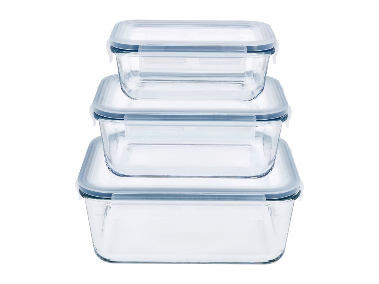 Stack of three rectangular glass food storage containers with clear lids and blue seals.