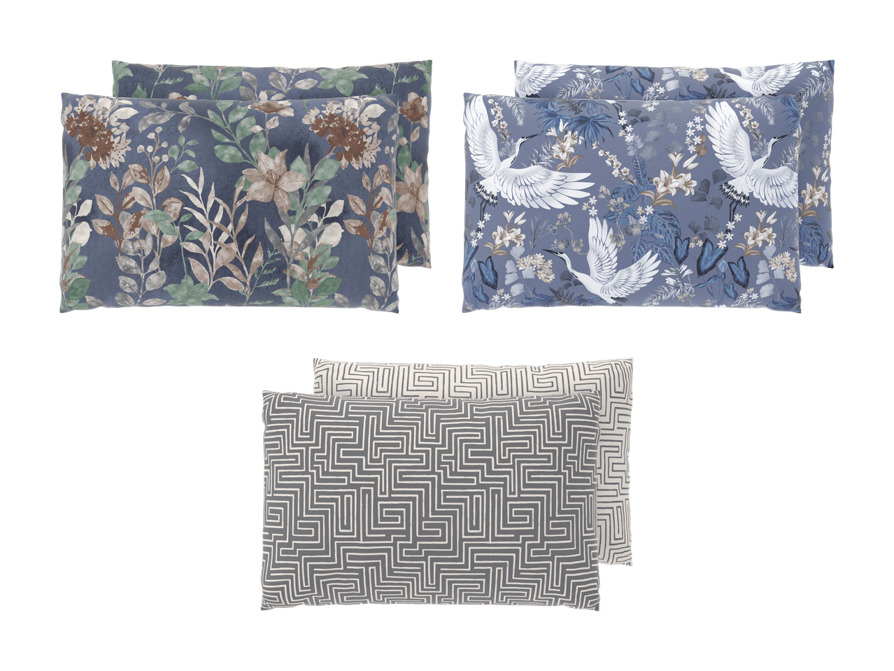 Trois ensembles de taies d'oreiller à motifs floraux et géométriques.