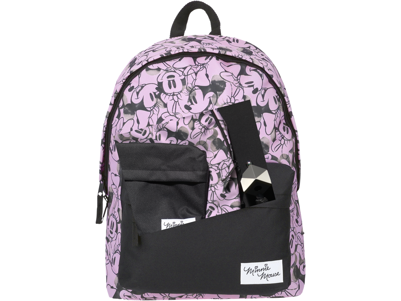 Minnie Mouse backpack and accessories: purple design with Minnie images.