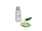 Ralador de cozinha Silvercrest® e pepino fatiado num prato.