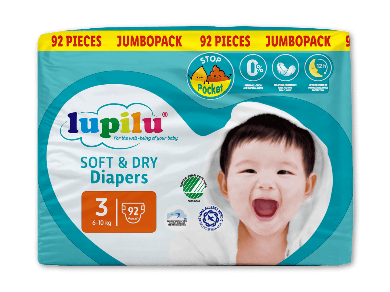 Jumbopack med 92 bløde og tørre bleer i størrelse 3 (6-10 kg) med op til 12 timers beskyttelse.