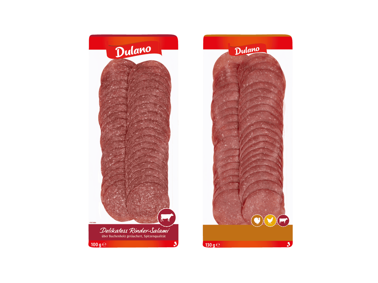 Zwei Packungen Dulano Delikatess Rinder-Salami, geräuchert über Buchenholz, in 100g und 130g.