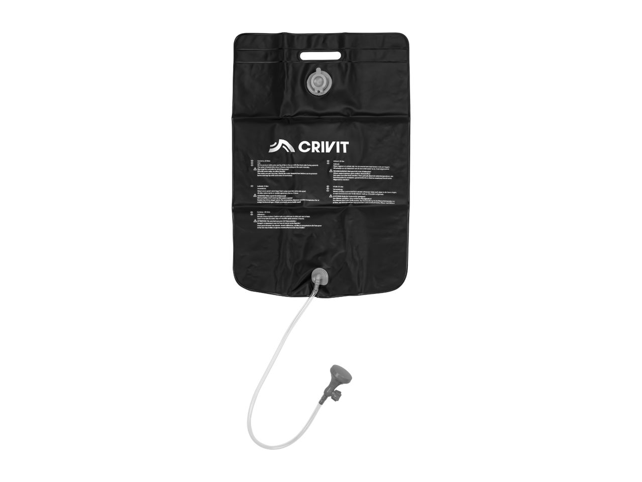 Black portable solar shower bag with hose and shower head, featuring usage instructions.