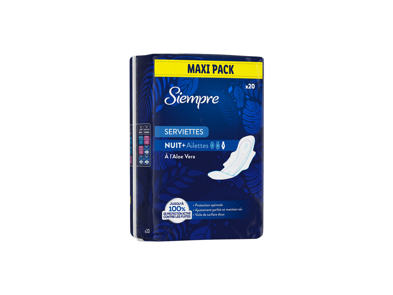 Pack Siempre maxi de 20 serviettes de nuit avec ailes, aloe vera.