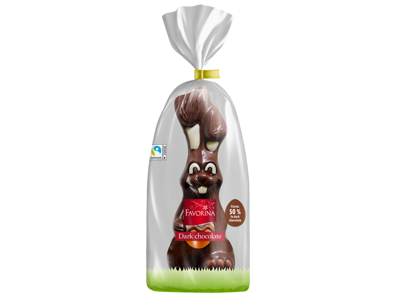 Iepure de ciocolată neagră Favorina, ambalat.
