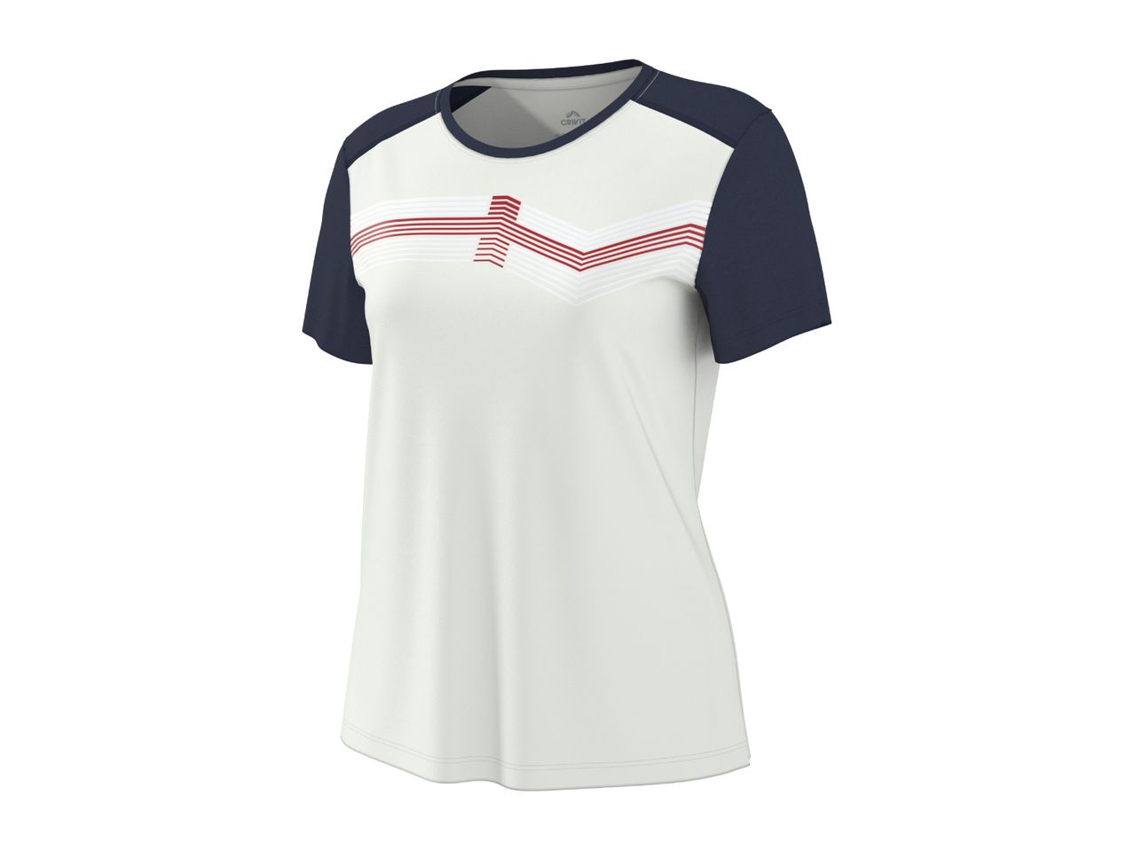 White and navy short-sleeved sports t-shirt with red and white chevron pattern