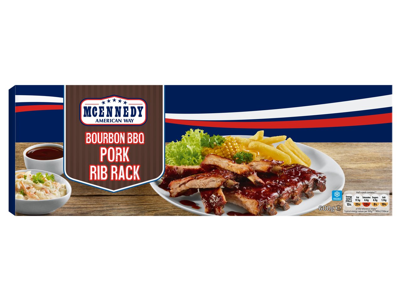 McEnnedy Bourbon BBQ Pork Rib Rack with fries, corn, and coleslaw, showing nutritional information.